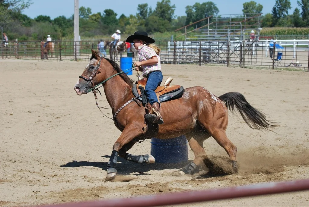 A horse and its rider racing around a barrel during a barrel racing event.