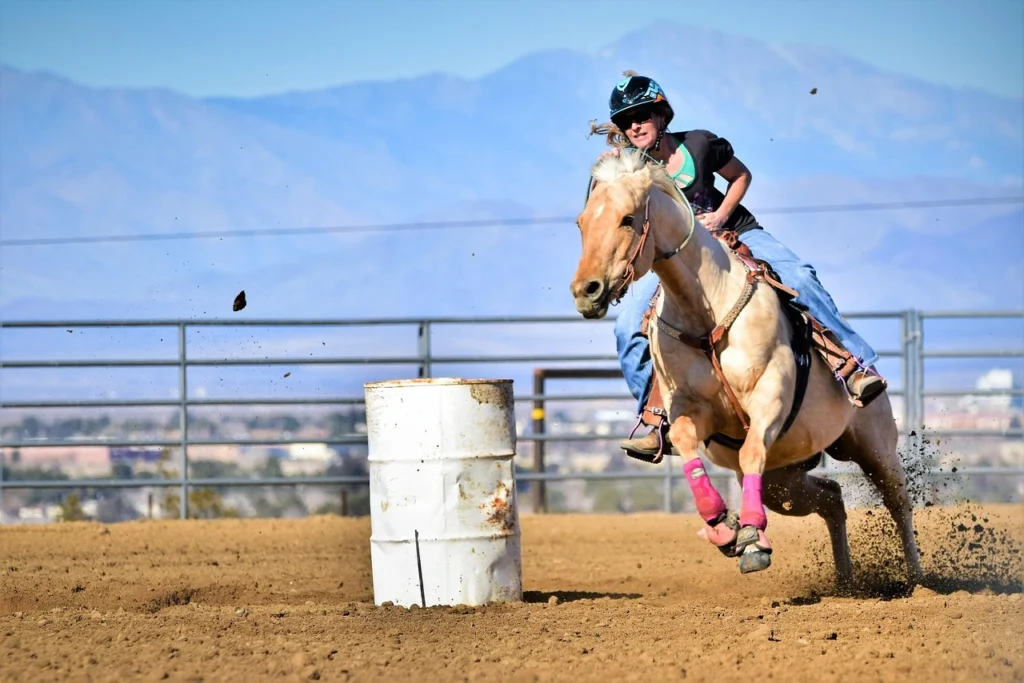 Image of a horse and his rider performing a barrel racing sprint