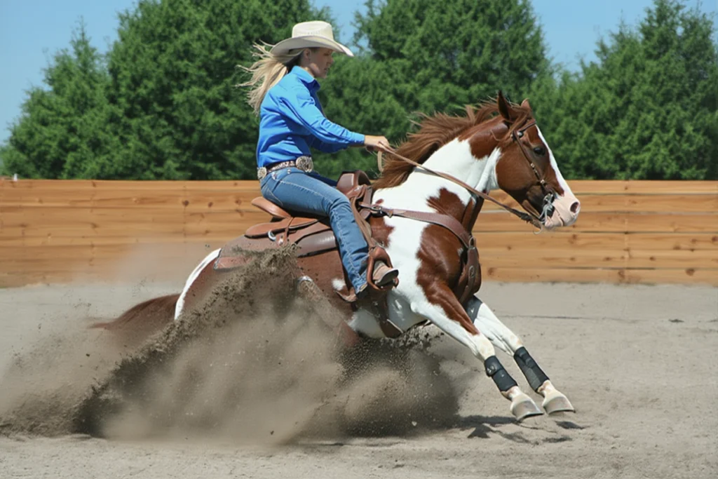 Western rider on a Paint Horse performing a sliding stop maneuver in a reining arena, kicking up a large cloud of dirt and dust.