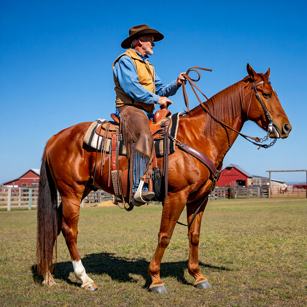 A cowboy wearing a brown hat and chaps sits atop a sorrel horse in a grassy field with red barn buildings visible in the background under a clear blue sky.