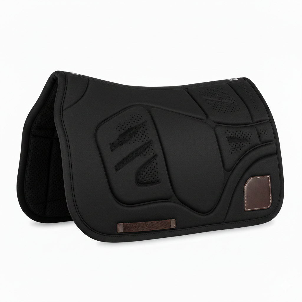 A black neoprene version of saddle pads for western saddles with a non-slip surface.