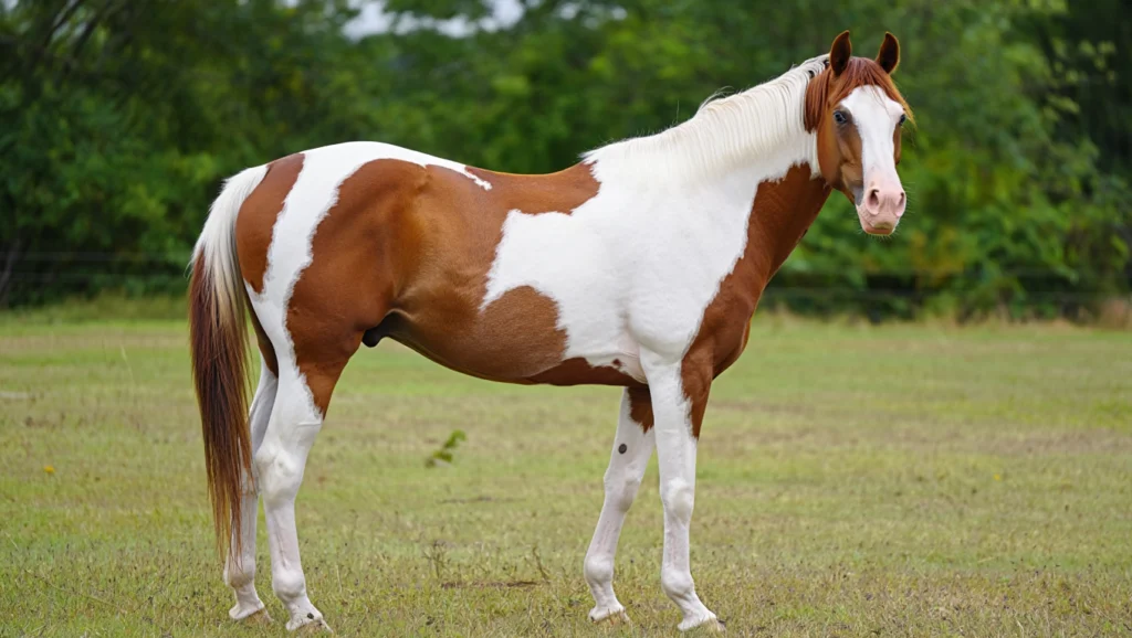 A reddish-brown and white Tobiano pattern Paint Horse standing broadside in a green field with a wooded background.