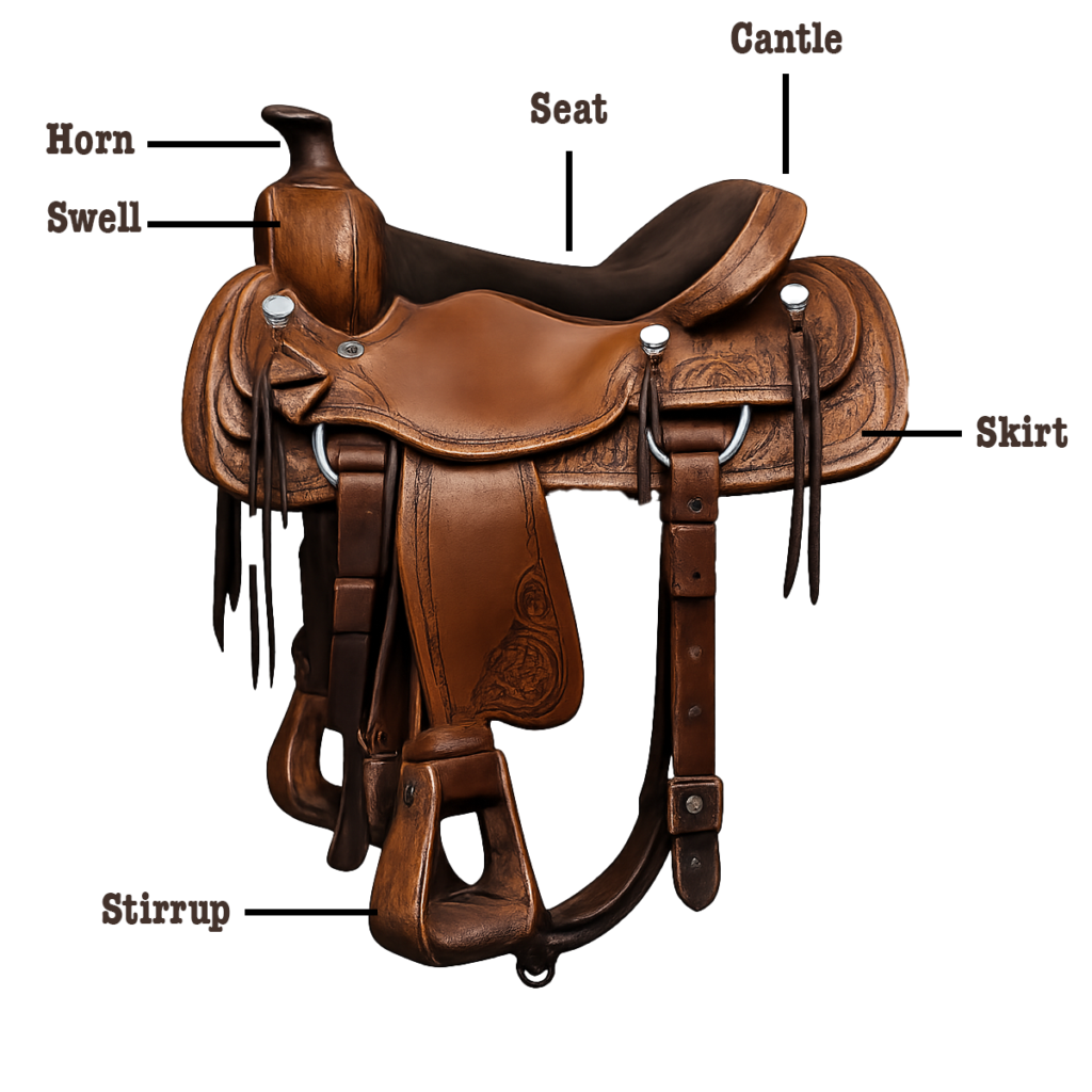 A scheme of a brown leather Western saddle with key parts labeled: Horn, Swell, Seat, Cantle, Skirt, and Stirrup.