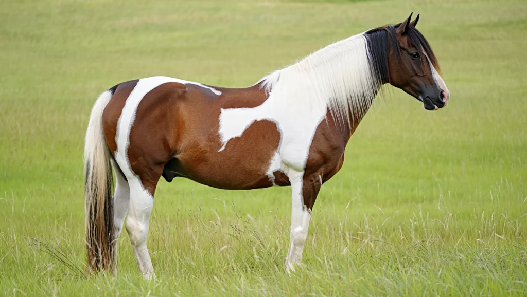 A handsome brown and white Paint Horse with a prominent white mane, standing broadside in a lush green pasture.