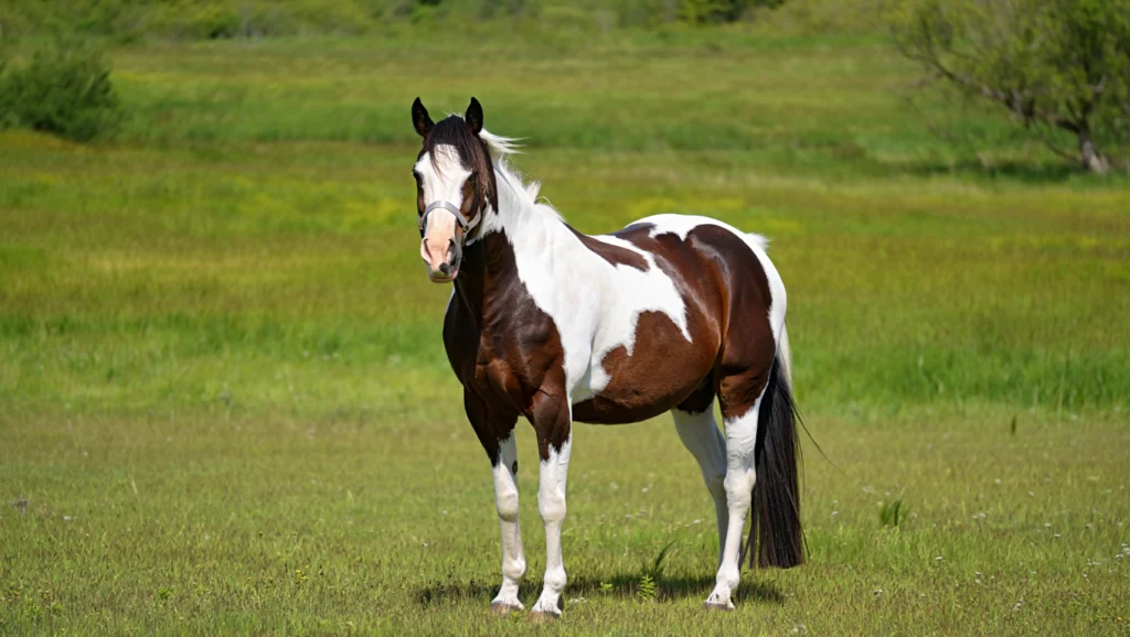 A striking brown and white Overo pattern Paint Horse standing in a grassy field, facing the camera.