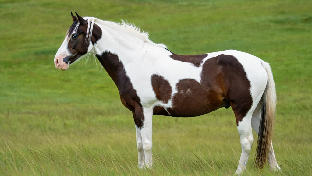 A brown and white Tovero pattern Paint Horse with distinctive blue eyes, standing in tall green grass.