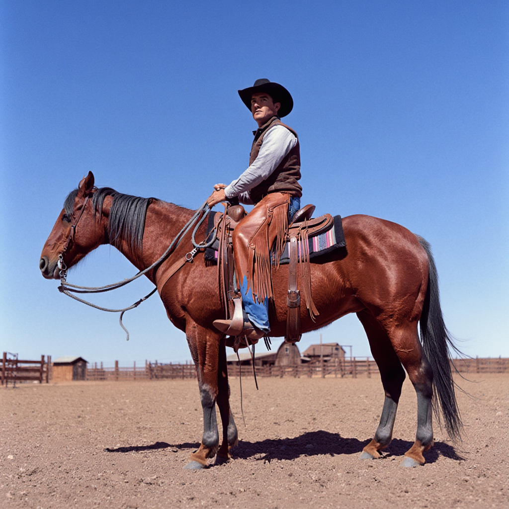 Full body shot of a cowboy on a brown Western horse with full tack, looking into distance at a ranch