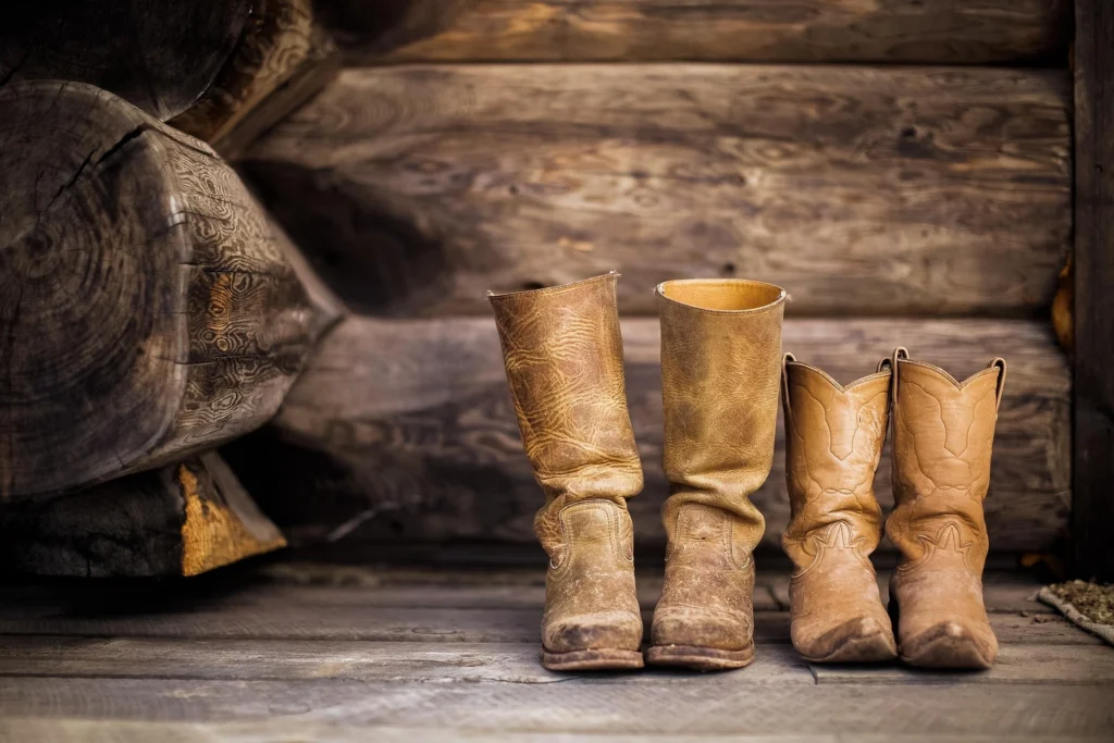 Two pairs of worn leather boots standing side by side on a wooden floor in front of a log cabin wall.