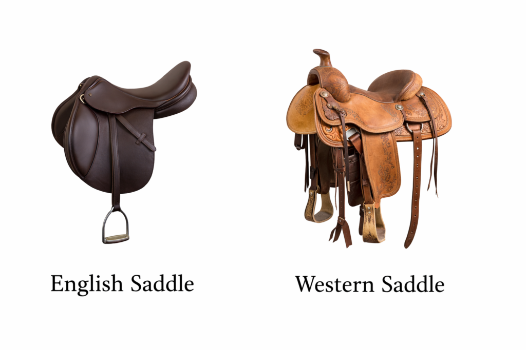Side by side comparison of an English saddle and a Western saddle on a white background, illustrating english vs western riding.