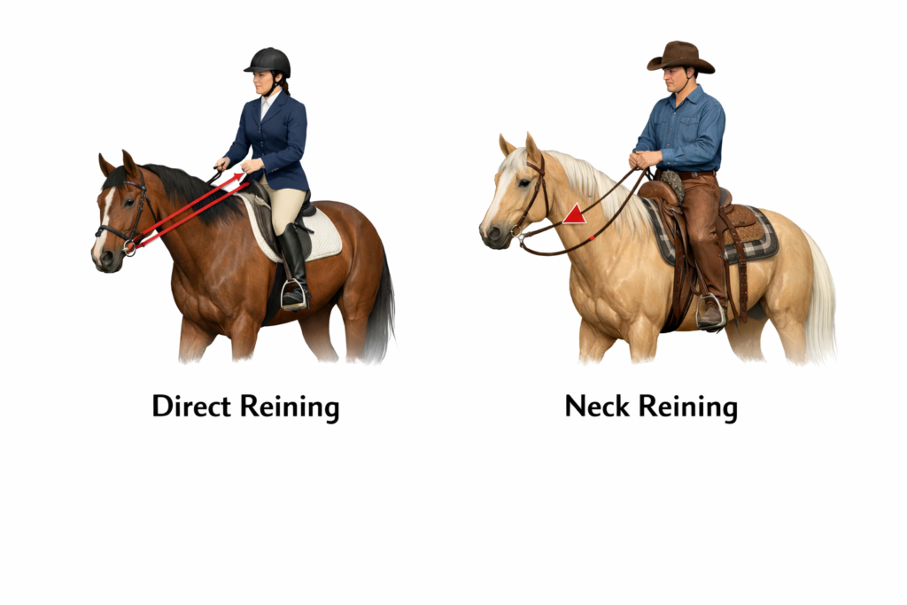 Side by side illustration of two horseback riding techniques on a white background. On the left, an English rider uses direct reining with both hands. On the right, a Western rider uses neck reining by laying the rein against the horse’s neck.