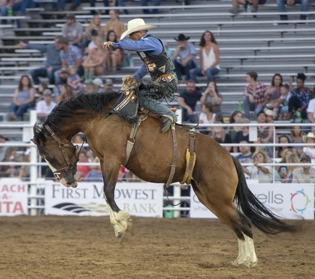 A rodeo rider staying balanced on a bucking horse in front of a large crowd.