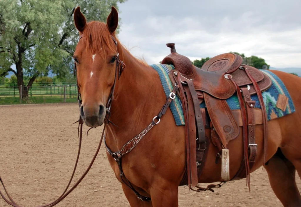 A chestnut horse stands in an arena wearing detailed Western tack, including a leather saddle and a colorful Navajo saddle pad.